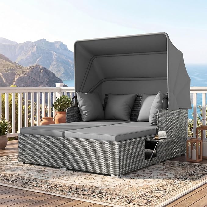 Tangkula Patio Rattan Daybed with Retractable Canopy Outdoor Wicker Sunbed Lounger with 2 Foldable Side Tables Thick Seat &amp Back Cushions Outside Double Daybed for Garden Backyard Porch Grey