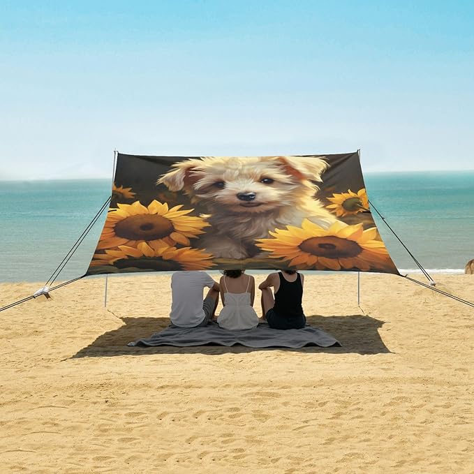 ALAZA Cute Dog with Sunflowers Beach Tent Sun Shelter Portable Canopy Sunshade for Outdoor Camping Picnics Backyard Fun 10x9 ft