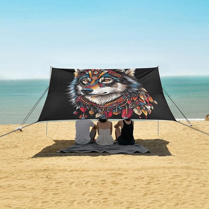 ALAZA Boho Wolf Indian Beach Tent Sun Shelter UPF50+ Protection Beach Shade Canopy w/ 4 Sandbags for Outdoor Camping Fishing Backyard Fun Picnic 10x9 ft