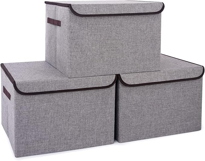 Bagnizer Large 17 42 Quarts Collapsible Stackable Storage Bins with Lids [3-Pack] Foldable Fabric Linen Storage Boxes Cube Closet Organizer Baskets with Label for Home (16.7 x 12 x 12 Gray)