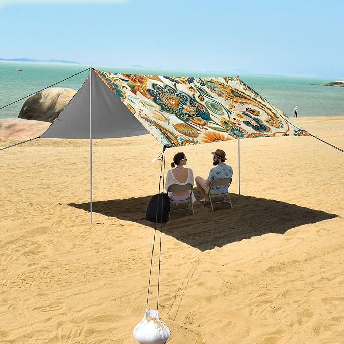 ALAZA Indian Paisley Vintage Beach Tent Sun Shelter UPF50+ Protection Beach Shade Canopy w/ 4 Sandbags for Outdoor Camping Fishing Backyard Fun Picnic 10x9 ft