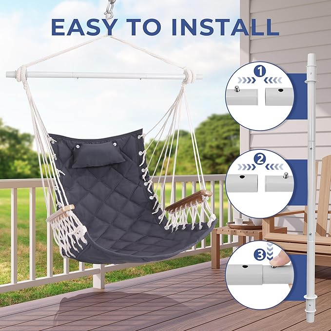 Hammock Chair Hanging Swing with Wooden ArmrestSteel Spreader BarPillowsHardware kit IncludedCotton Woven FabricUp to 350 Lbsfor Indoor or Outdoor