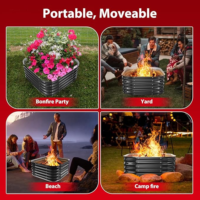 Height 16.5 Inch Square Galvanized Steel Fire Pit for Outside Heavy Duty Steel Fire Pit In-Ground for Backyard Camping Bonfire Flower Raised Garden Bed for Garden (2.3x2.3x1.5ft)