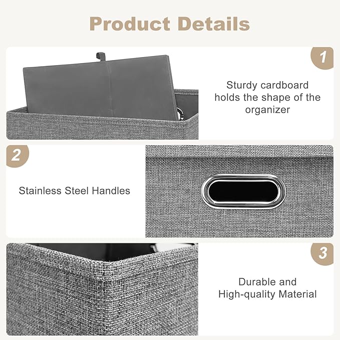 Linen Storage Bins with Lids13 x 13 Inch Foldable Fabric Cube Baskets Boxes Organizer for Closet Shelves and Home. (Gray (13x13) 4 pack)