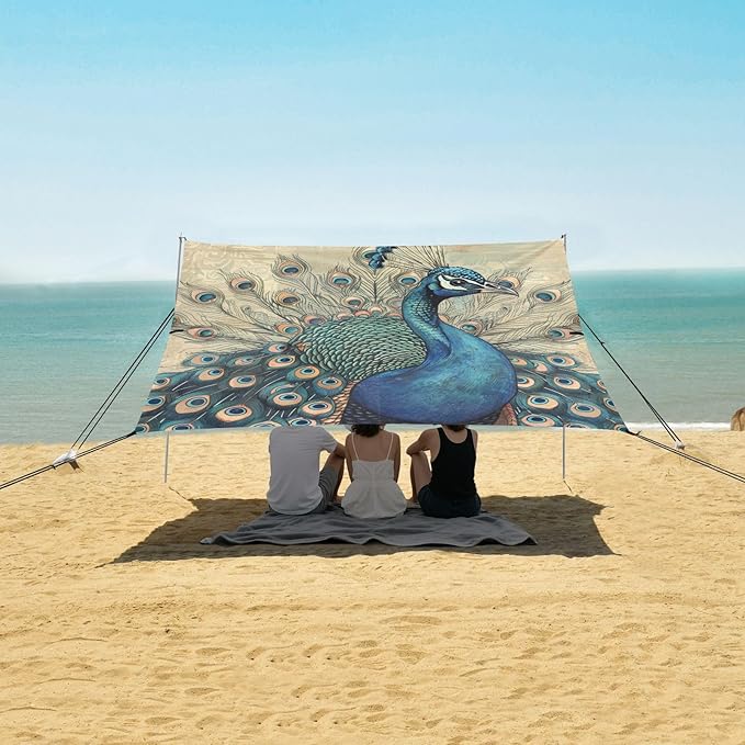 ALAZA Vintage Peacock Beach Tent Sun Shelter Portable Canopy Sunshade for Outdoor Camping Picnics Backyard Fun 10x9 ft