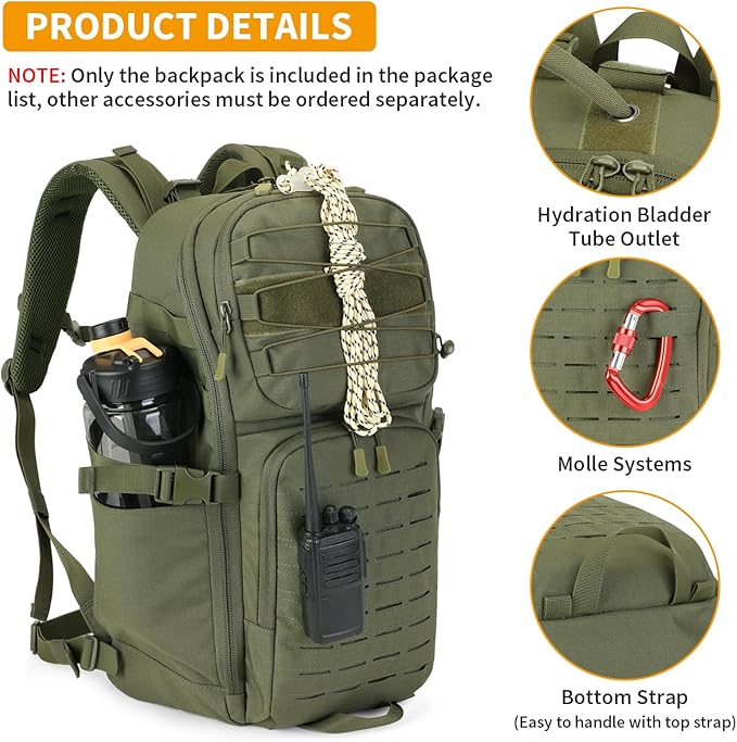 HUNTVP Tactical Backpack for Men 35L Military Backpack MOLLE 1000D Army Daypack 3 Day Bug Out Bag for Work Camping Hiking Outdoor Army Green
