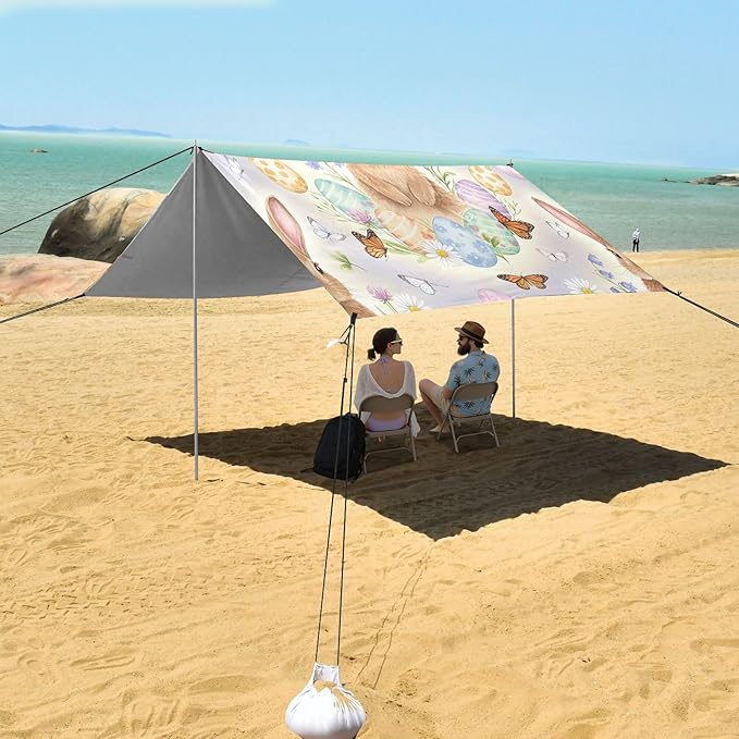 Easter Bunny Beach Canopy Sun Shelter with Sandbags &amp Sand Shovel &amp Windproof Ropes - Portable 110x126 Beach Shade Beach Tent for Camping Picnics