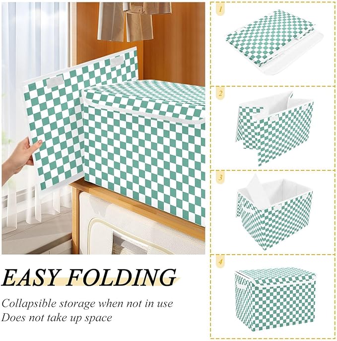 Green White Checkerboard Storage Baskets Lidded Bin Foldable Storage Boxes Cubes Lids with 2 Handles for Organizing Closet Home Office
