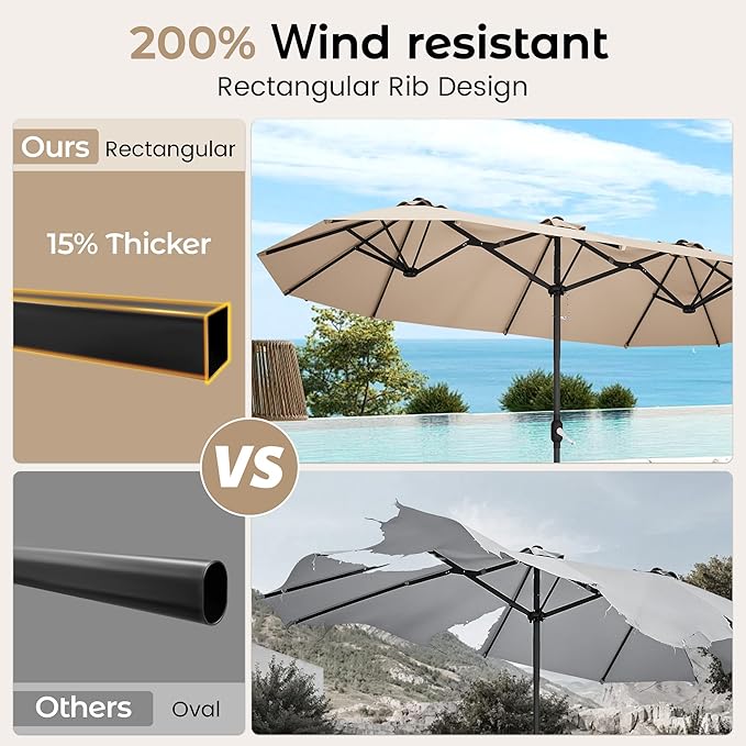 DomeShade 15ft Patio Umbrella with BaseLarge Outdoor Double-Sided Rectangle Umbrella with Crank Handle Market Umbrella for Poolside Garden Deck Backyard Beach Pools Beige