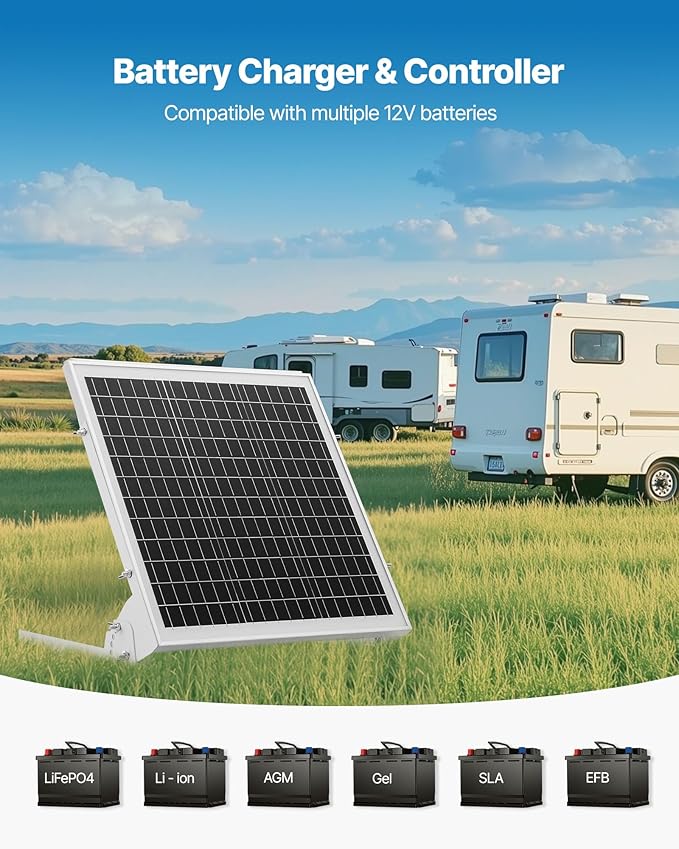 VEVOR 20W 12V Solar Battery Trickle Charger Maintainer Mono Solar Panel Battery Charger with Built-in MPPT Controller &amp Adjustable Mount Bracket IP65 Waterproof for Car Boat RV Trailer House Roo
