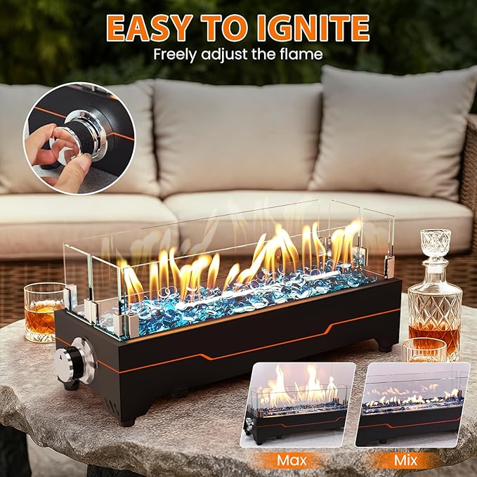 GRISUN Tabletop Fire Pit20 Inch Propane Fire Pit Table40000 BTU Table Top Firepit with Glass Wind GuardStainless Steel BurnerFire GlassPortable Propane fire Pit for Patio Camping Backyard &amp