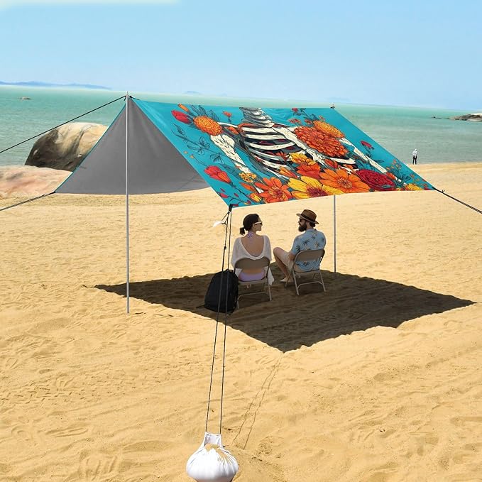 ALAZA Skull Flowers Beach Tent Sun Shelter Portable Canopy Sunshade for Outdoor Camping Picnics Backyard Fun 10x9 ft