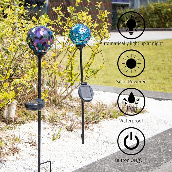 VCUTEKA Solar Garden Decorative Lights Outdoor Mosaic Solar Light Waterproof LED Pathway Stake Light for Landscape Patio Yard Deck Walkway Decoration 2 Pack （Blue&ampPurple）