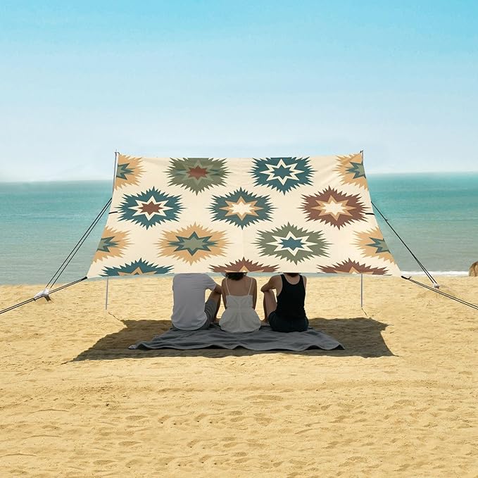 xigua Boho Tribal Aztec Beach Tent Sun Shelter with Carrying Bag - Silver Coated Oxford Fabric Beach Canopy for Beach Camping Fishing - Includes Windproof Ropes Sandbags &amp Stakes