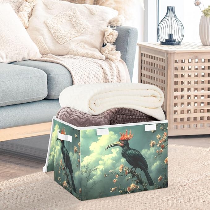 AIXIWAWA Lidded Storage Cube (Surreal Bird) Fabric Foldable Closet Bins with Flip Lid and Handles Organizer Basket Container 16.5 x 12.6 x 11.8 IN