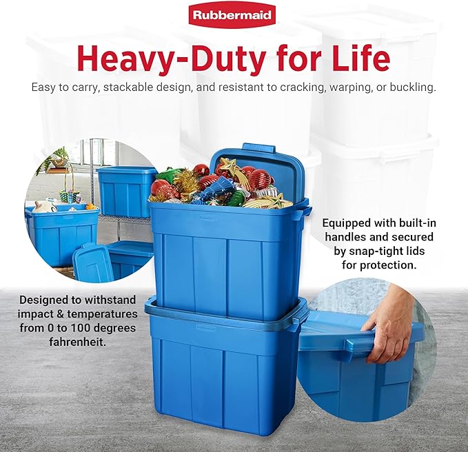 Rubbermaid Roughneck Tote 18 Gal 6 Pack Made in USA Heritage Blue Rugged Plastic Stackable Storage Bins with Lids and Handles