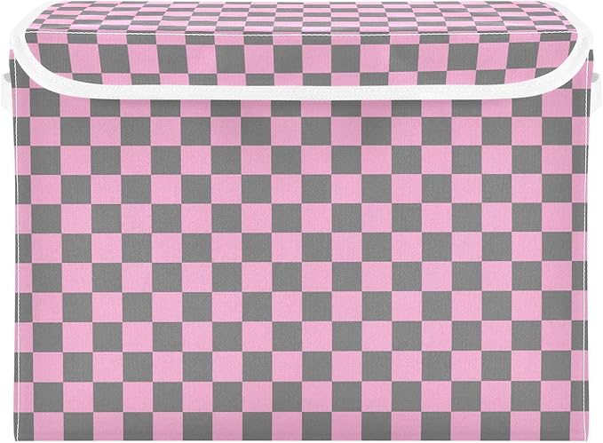 Pink Grey Checkerboard Storage Baskets Lidded Bin Foldable Storage Boxes Cubes Lids with 2 Handles for Organizing Closet Home Office
