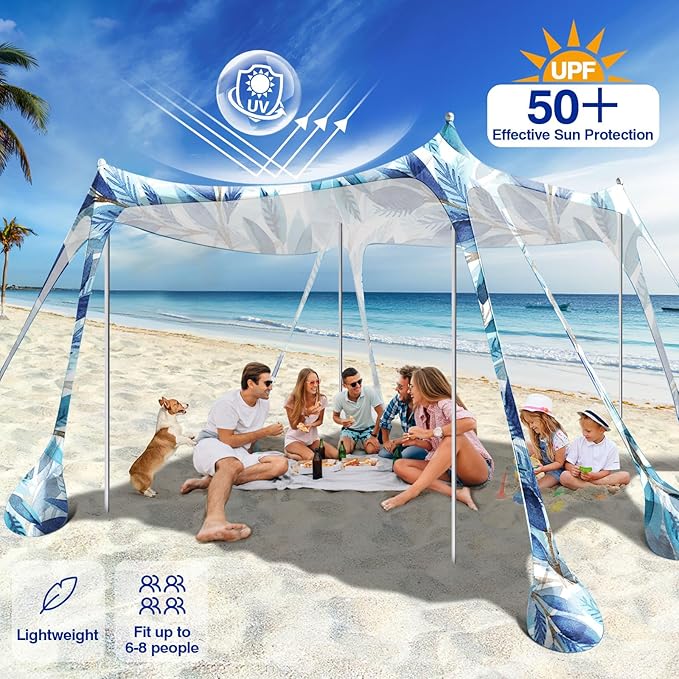 Rhino Valley Beach Tent Shade Canopy UPF50+ Protection 8 Sandbags 4 Stability Poles Outdoor Sun Shelter Umbrella for Sand Camping Fishing Essentials