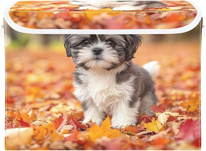 AIXIWAWA Lidded Storage Cube (Fall Puppy) Fabric Foldable Closet Bins with Flip Lid and Handles Organizer Basket Container 16.5 x 12.6 x 11.8 IN