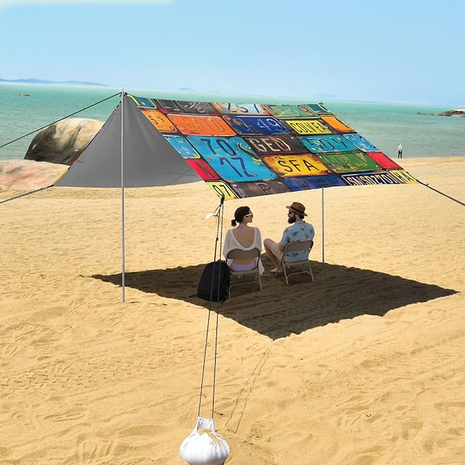 ALAZA Colorful License Plates Beach Tent Sun Shelter Portable Canopy Sunshade for Outdoor Camping Picnics Backyard Fun 10x9 ft