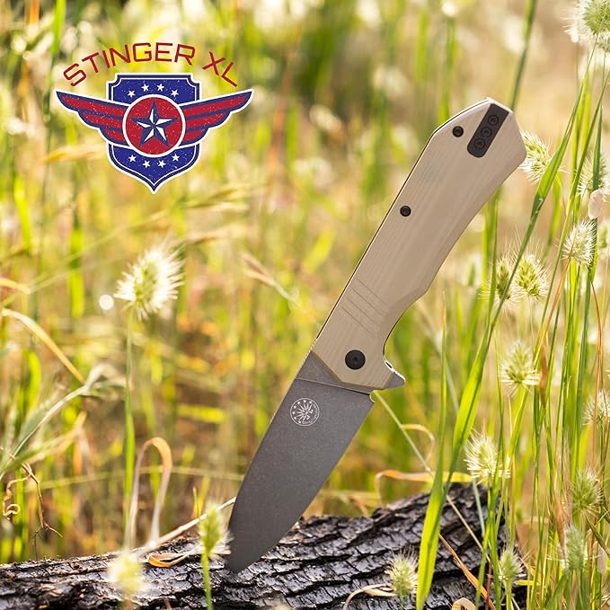 Off-Grid Knives - STINGER XL Folding Knife 154CM Steel Full Flat Grind G10 Scales Ceramic Bearings Drop-Shut Action Deep Pocket Clip Left or Right Hand Carry Camping &amp Tactical Use (Coyote