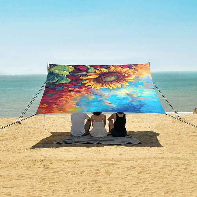 ALAZA Surreal Beautiful Vibrant Sunflower Oil Painting Beach Tent Sun Shelter UPF50+ Protection Beach Shade Canopy w/ 4 Sandbags for Outdoor Camping Fishing Backyard Fun Picnic 10x9 ft