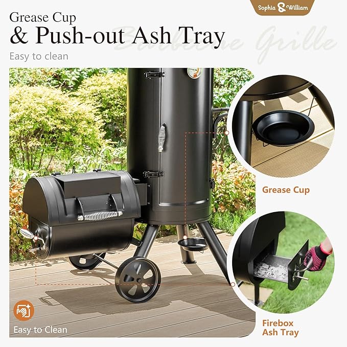 Sophia &amp William Heavy-Duty Vertical Offset Charcoal Smoker Extra Large Outdoor BBQ Gill with Offset Smoker 961 SQ.IN. Cooking Area with Warming TrayPush-out Ash Tray for Event Gathering Black