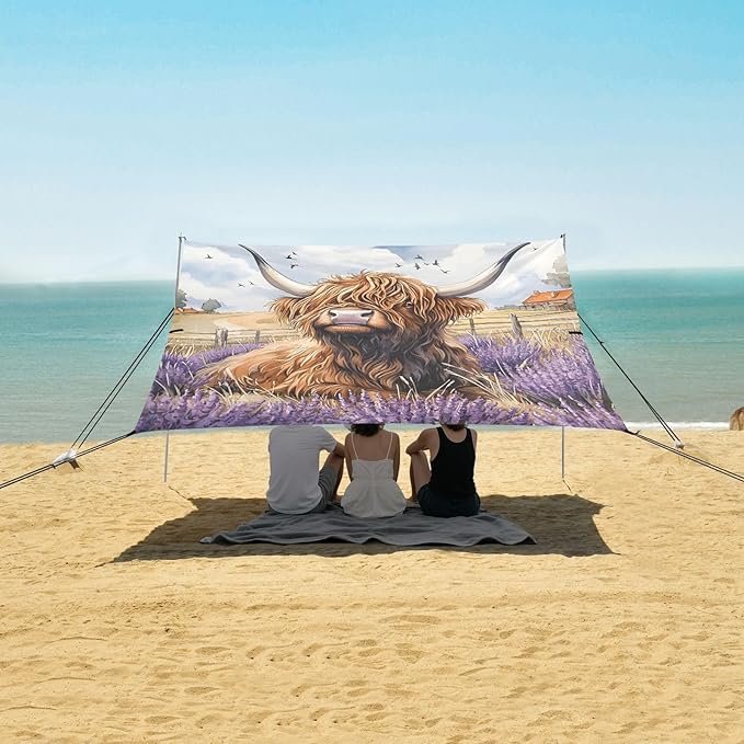ALAZA Lavender Highland Cattle Beach Tent Sun Shelter Portable Canopy Sunshade for Outdoor Camping Picnics Backyard Fun 10x9 ft