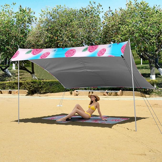 xigua Butterflies Beach Tent Sun Shelter with Carrying Bag - Silver Coated Oxford Fabric Beach Canopy for Beach Camping Fishing - Includes Windproof Ropes Sandbags &amp Stakes