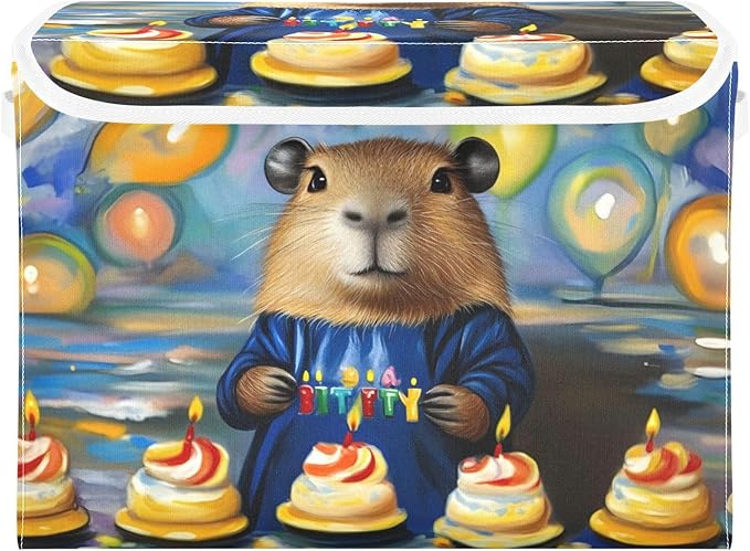Storage Cube with Lid Birthday Capybara Print 16.5×12.6×11.8 IN Collapsible Large Capacity Foldable Storage Basket Bin Organizer