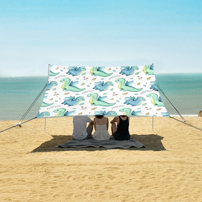 xigua Cartoon Dragons Beach Tent Sun Shelter with Carrying Bag - Silver Coated Oxford Fabric Beach Canopy for Beach Camping Fishing - Includes Windproof Ropes Sandbags &amp Stakes