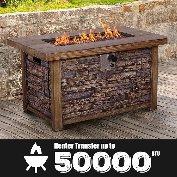Afterglow Outdoor Retangular TerraFab Propane Fire Pit Table for Outside Patio Backyard Garden with Weather Cover and Lava Rocks 50000 BTU 43.5”Lx27.36”Wx23.8”H Brown CSA Certificated