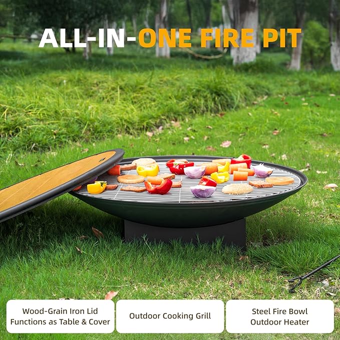 32 Inch Fire Pit for Outside Outdoor Wood Burning Fire Pit Table with Grill &amp Cover Lid Large Portable Firepit for Backyard Patio Camping