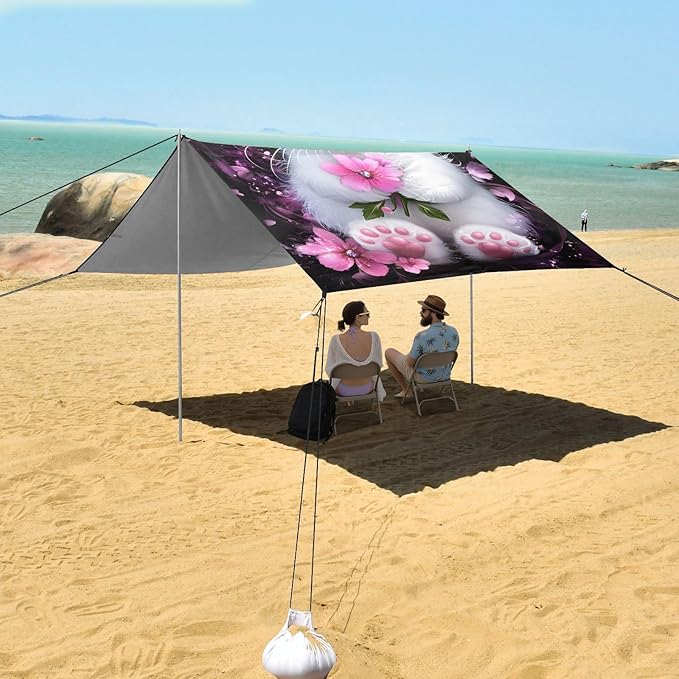ALAZA Cute Cat Kitten Pink Flower Beach Tent Sun Shelter UPF50+ Protection Beach Shade Canopy w/ 4 Sandbags for Outdoor Camping Fishing Backyard Fun Picnic 10x9 ft