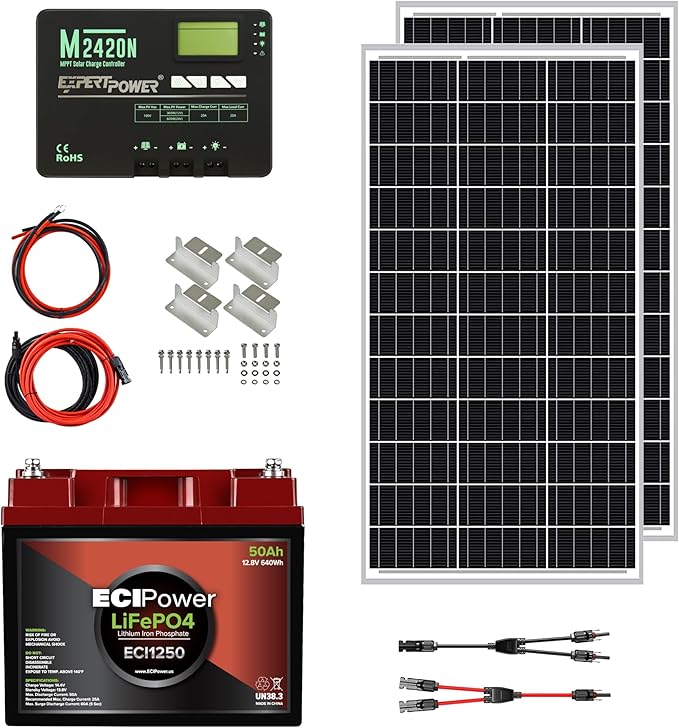 ECI Power 200W 12V Solar Power Kit | 12V 50Ah LiFePO4 Lithium Batteries | 200W Mono Rigid Solar Panels 20A MPPT Solar Charge Controller | RV Trailer Camper Marine Off Grid Solar Projects