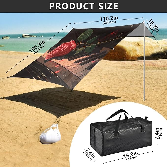 ALAZA Rose on Piano Musical Note Beach Tent Sun Shelter Portable Canopy Sunshade for Outdoor Camping Picnics Backyard Fun 10x9 ft