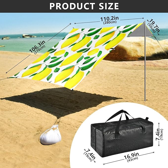 xigua Lemons Beach Tent Sun Shelter with Carrying Bag - Silver Coated Oxford Fabric Beach Canopy for Beach Camping Fishing - Includes Windproof Ropes Sandbags &amp Stakes