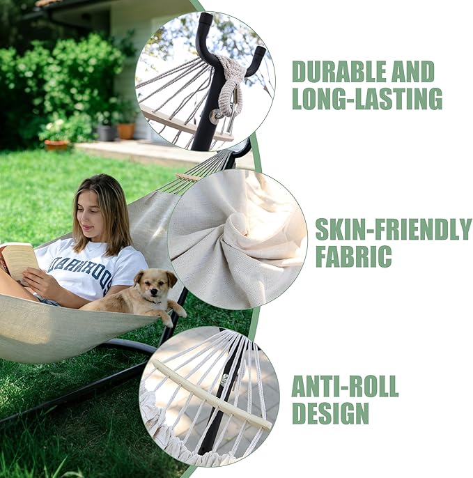 2 Person Hammock with Stand for Indoor &amp Outdoor 550lbs Sturdy Steel Frame - Anti-Flip Curved Bars Safety - Comfortable Cotton Portable Hammock for Patio Sunroom Bedroom Natural Beige