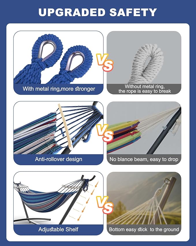 EveryFun Double Hammock with Heavy-Duty Steel StandPortableEasy Assembly600lbs Weight CapacitySuit for IndoorYardCampingor Outdoor-Fine Blue