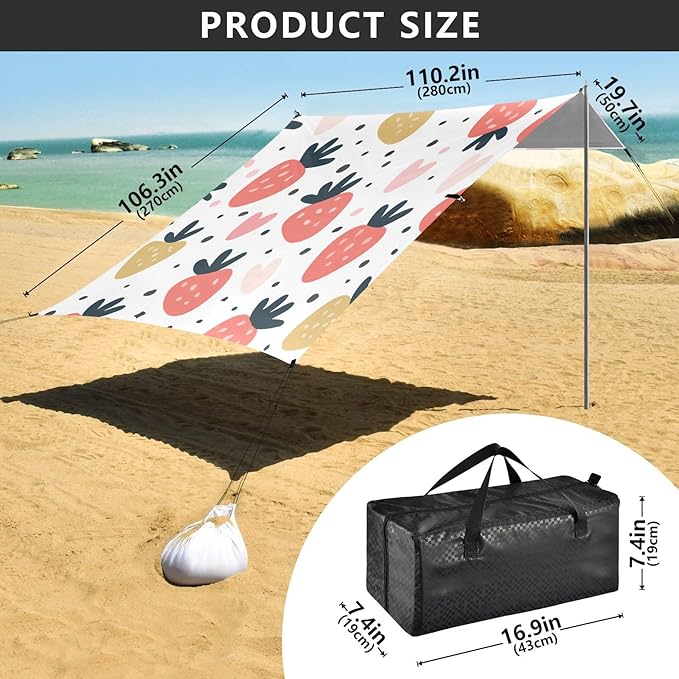 Cartoon Strawberry Beach Tent Sun Shelter Set UPF50+ UV Protection 10.5 x 9.19 FT Camping Shade Canopy with Sandbags Sand Anchors Carrying Bag and Others
