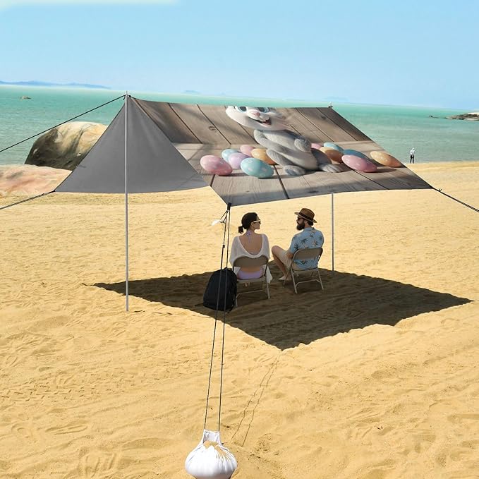 Beach Canopy with Windproof Ropes &amp Sandbags Beach Tent Sun Shade Sun Shelter for Camping Trips Fishing Backyard Fun or Picnics Happy Easter