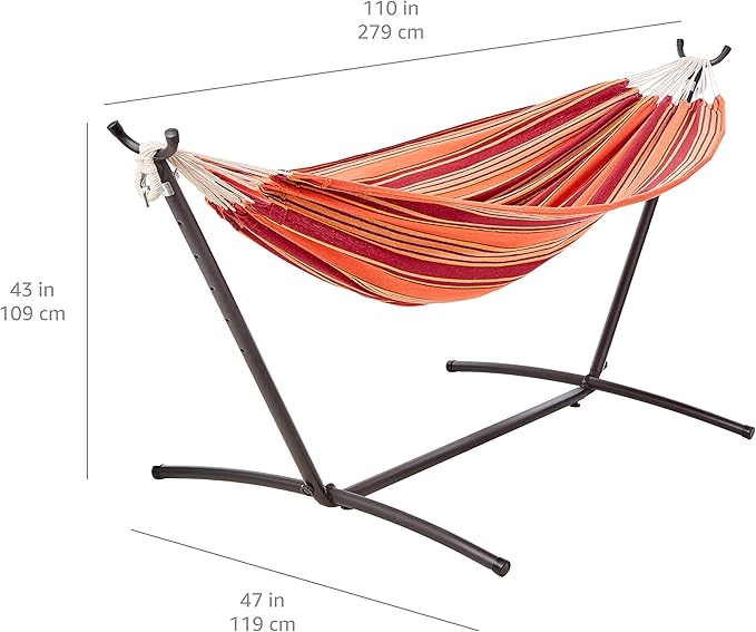 Amazon Basics Double Hammock with 9-Foot Space Saving Steel Stand and Carrying Case 2 Person 450 lb Capacity Sunset Orange Stripe 110 x 47 x 43 Outdoor