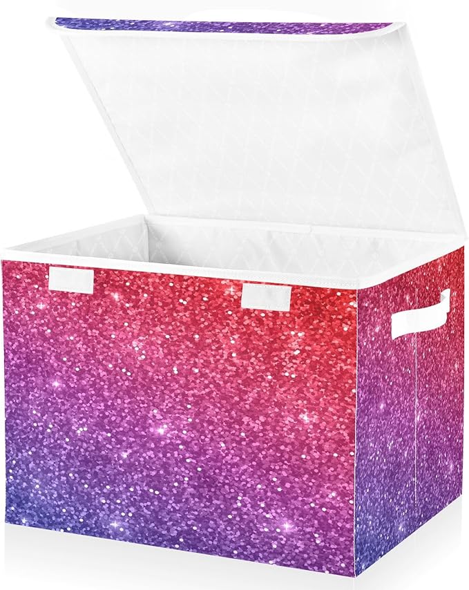 Red Purple Gradient Glitter Storage Bins with Lids Foldable Room Storage Storage Bags for Clothes for Home Studyroom