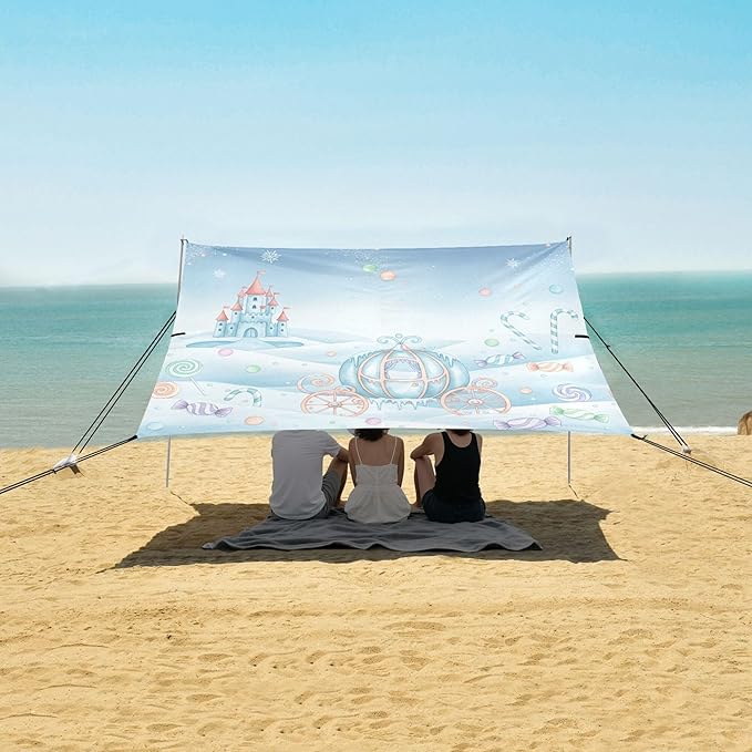 Winter Scenery Beach Canopy Sun Shelter with Sandbags &amp Sand Shovel &amp Windproof Ropes - Portable 110x126 Beach Shade Beach Tent for Camping Picnics