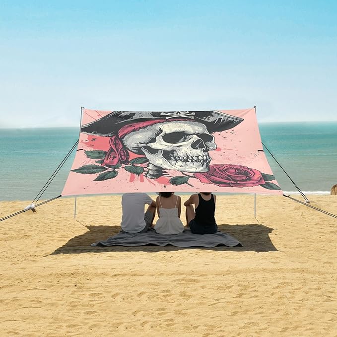 ALAZA Skull Pirates with Rose Beach Tent Sun Shelter Portable Canopy Sunshade for Outdoor Camping Picnics Backyard Fun 10x9 ft