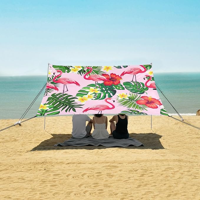 xigua Flamingos Beach Tent Sun Shelter with Carrying Bag - Silver Coated Oxford Fabric Beach Canopy for Beach Camping Fishing - Includes Windproof Ropes Sandbags &amp Stakes