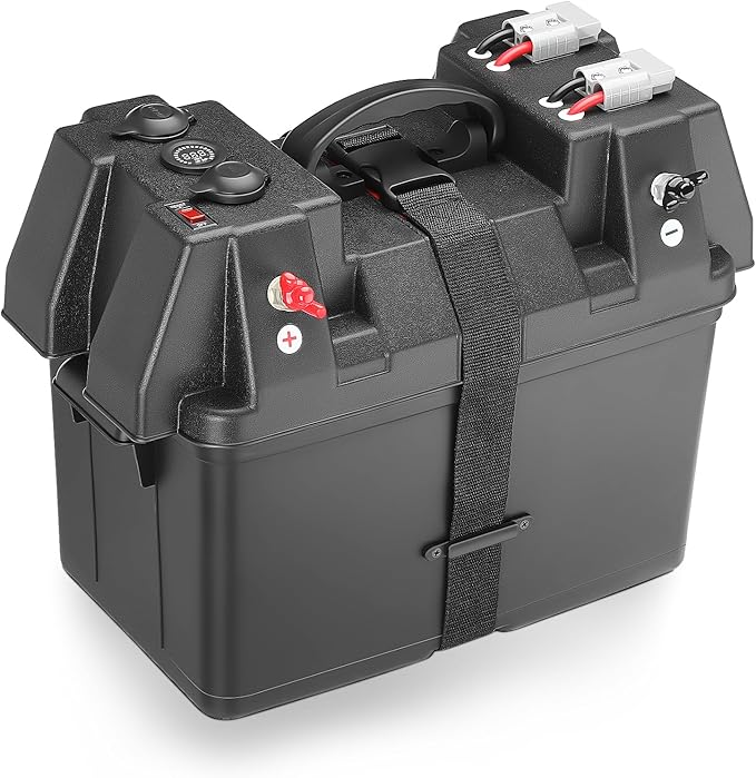 Smart Battery Box 12V Marine Case w/ 50AMP Connectors Power Center Station Fits 24/27/31 Size Batteries Multi Ports &amp Circuit Breaker for Trolling Motor RV(Battery Not Included)