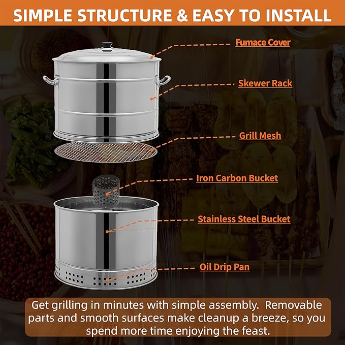 2-in-1 Vertical Smoker Barrel Grill Portable Charcoal BBQ 360° Smokeless Stainless Steel BBQ Grill Barrel for Outdoor Barbecue Camping And Backyard Cooking (Large-50 Skewers)