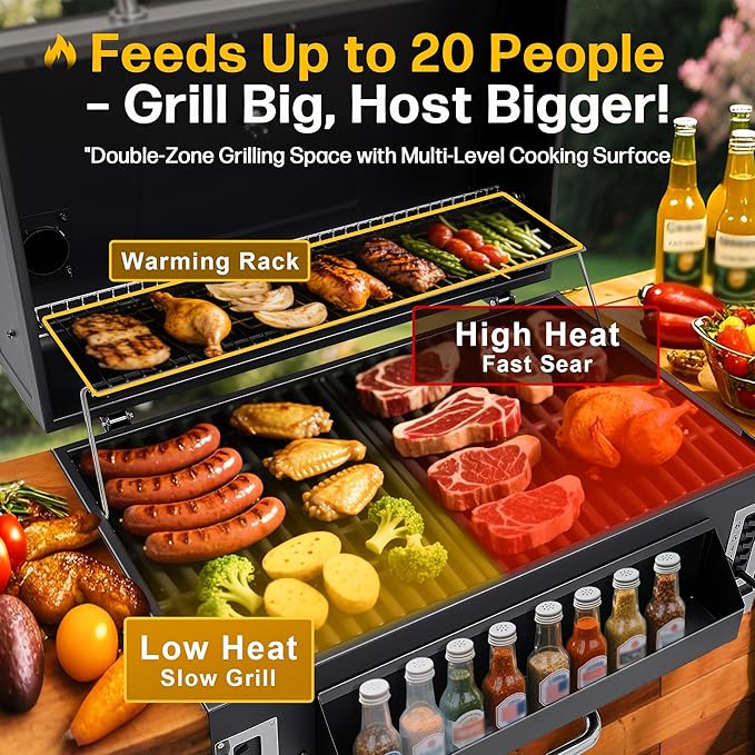 Built-in Charcoal Grill Large BBQ Grills with Liftable Tray Insulated Hood &amp Temp Gauge Black Stainless Steel Barrel Grill for Outdoor Kitchen Family BBQ Parties &amp Patio Use