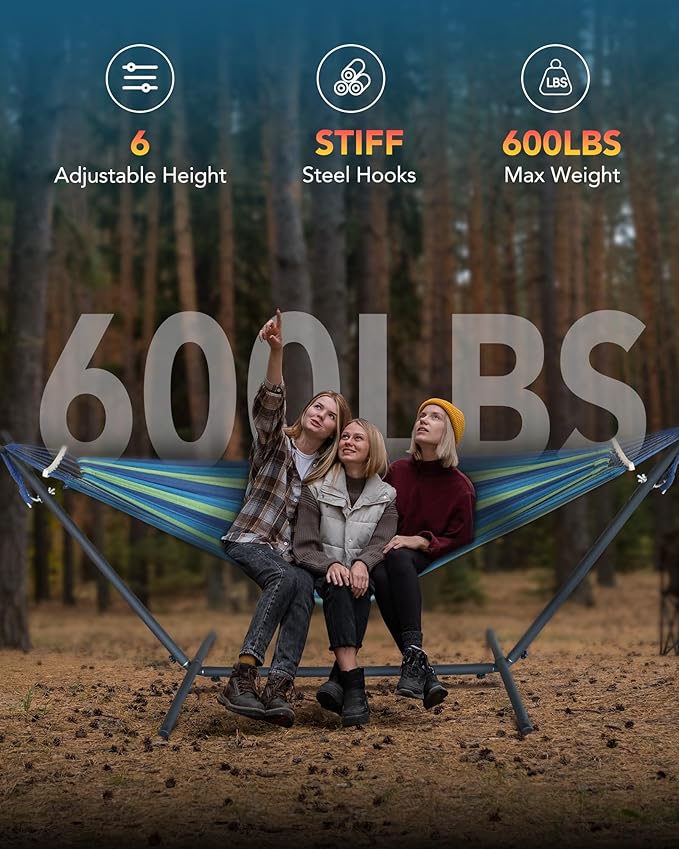 Everyfun Double Hammock with Space-Saving Steel Stand 2 Person Heavy-Duty Hammock for Garden Yard or Outdoor 600lbs Capacity Wide Blue